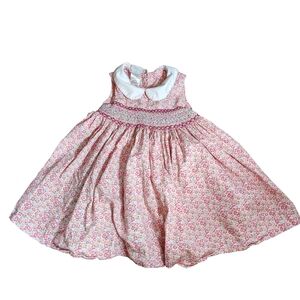 Smockingbird Girls Floral Smocked Dress 5T Pink Embroidered Peter Pan Collar